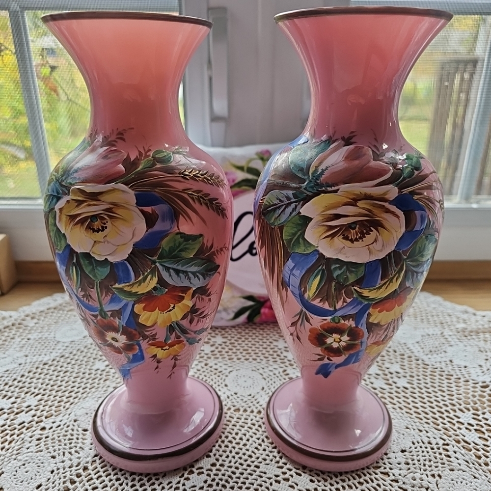Pair Antique Bristol Pink Opaline Glass Vase Handpainted Flowers W/Blue Ribbon